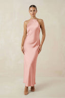 Halter Satin Sheath Midi Bridesmaid Dress in Rose Petal - KissProm Bridesmaid Dresses