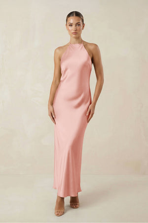 Halter Satin Sheath Midi Bridesmaid Dress in Rose Petal - KissProm Bridesmaid Dresses