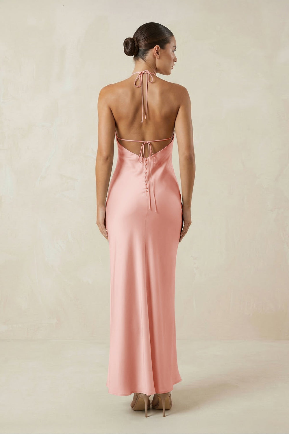 Halter Satin Sheath Midi Bridesmaid Dress in Rose Petal - KissProm Bridesmaid Dresses