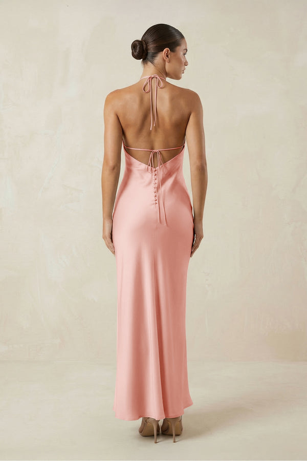 Halter Satin Sheath Midi Bridesmaid Dress in Rose Petal - KissProm Bridesmaid Dresses