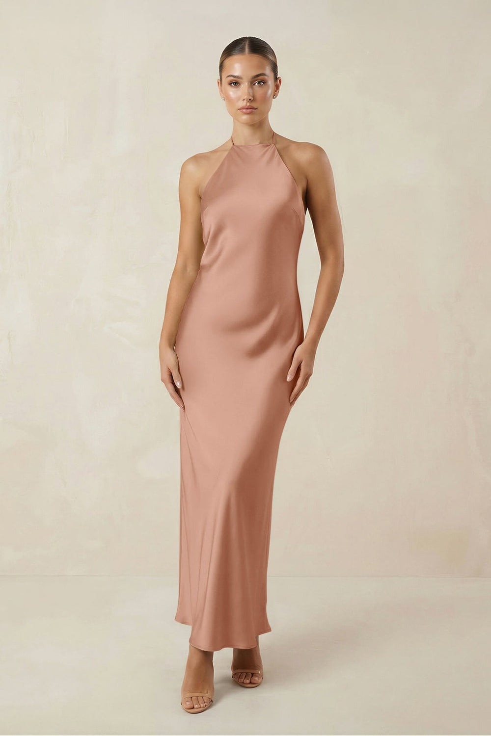 Halter Satin Sheath Midi Bridesmaid Dress in Rosette - KissProm Bridesmaid Dresses