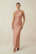 Halter Satin Sheath Midi Bridesmaid Dress in Rosette - KissProm Bridesmaid Dresses