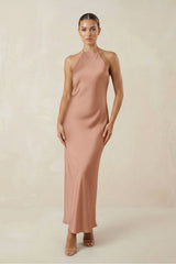 Halter Satin Sheath Midi Bridesmaid Dress in Rosette - KissProm Bridesmaid Dresses
