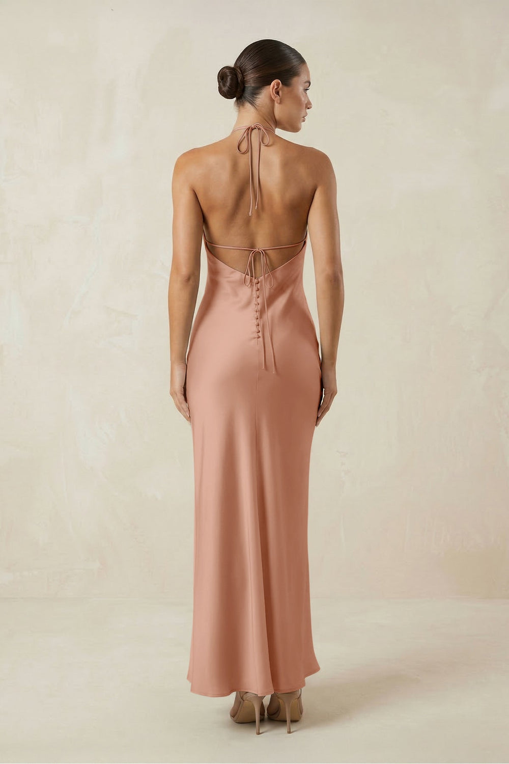 Halter Satin Sheath Midi Bridesmaid Dress in Rosette - KissProm Bridesmaid Dresses