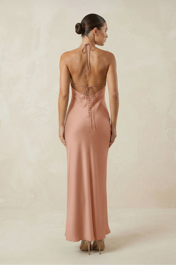 Halter Satin Sheath Midi Bridesmaid Dress in Rosette - KissProm Bridesmaid Dresses