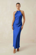 Halter Satin Sheath Midi Bridesmaid Dress in Royal Blue - KissProm Bridesmaid Dresses