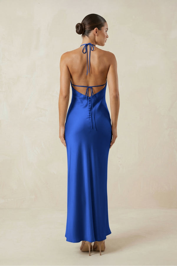 Halter Satin Sheath Midi Bridesmaid Dress in Royal Blue - KissProm Bridesmaid Dresses