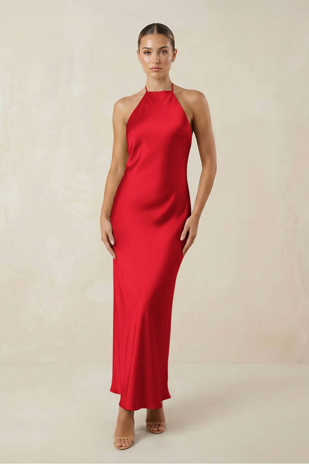 Halter Satin Sheath Midi Bridesmaid Dress in Ruby Red - KissProm Bridesmaid Dresses
