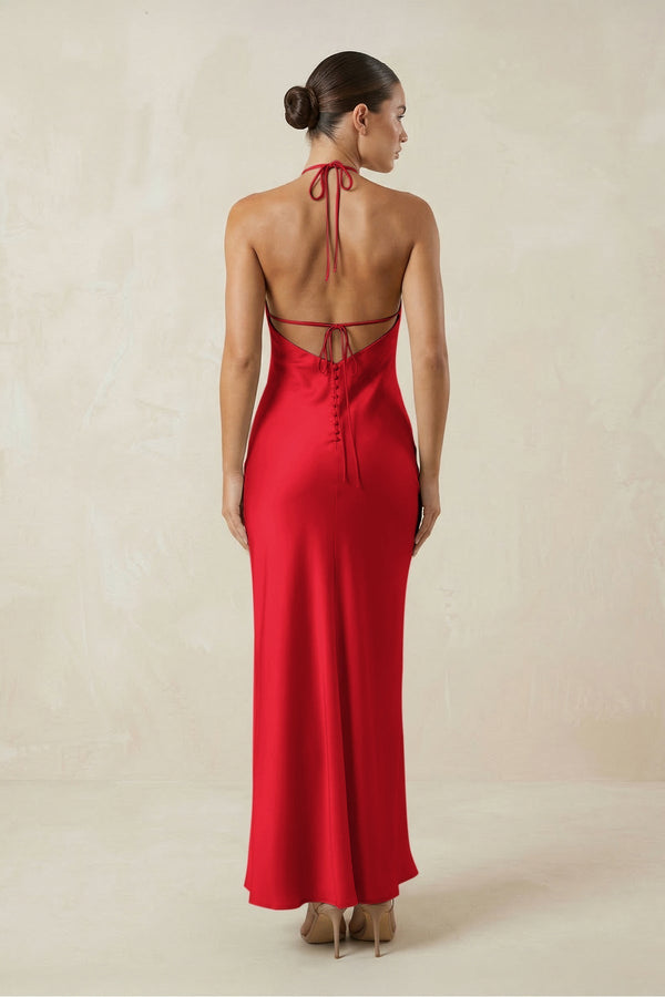 Halter Satin Sheath Midi Bridesmaid Dress in Ruby Red - KissProm Bridesmaid Dresses