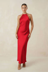 Halter Satin Sheath Midi Bridesmaid Dress in Ruby Red - KissProm Bridesmaid Dresses