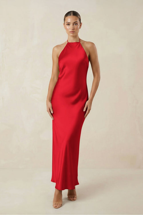 Halter Satin Sheath Midi Bridesmaid Dress in Ruby Red - KissProm Bridesmaid Dresses