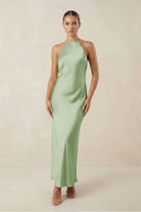 Halter Satin Sheath Midi Bridesmaid Dress in Sage - KissProm Bridesmaid Dresses