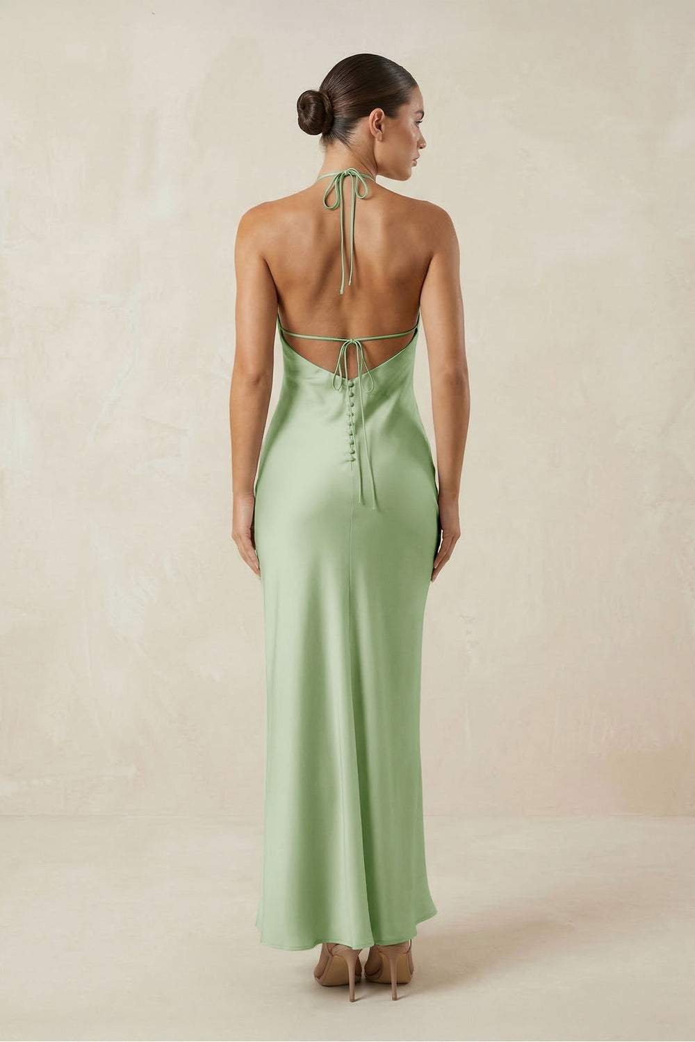 Halter Satin Sheath Midi Bridesmaid Dress in Sage - KissProm Bridesmaid Dresses