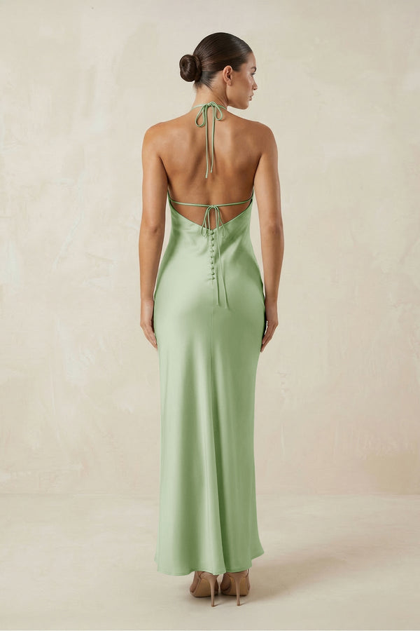 Halter Satin Sheath Midi Bridesmaid Dress in Sage - KissProm Bridesmaid Dresses
