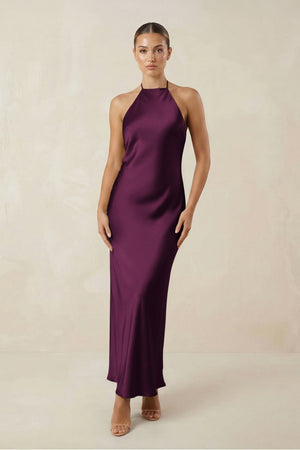 Halter Satin Sheath Midi Bridesmaid Dress in Sangria - KissProm Bridesmaid Dresses