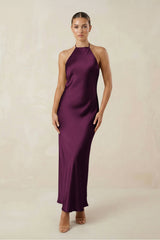 Halter Satin Sheath Midi Bridesmaid Dress in Sangria - KissProm Bridesmaid Dresses