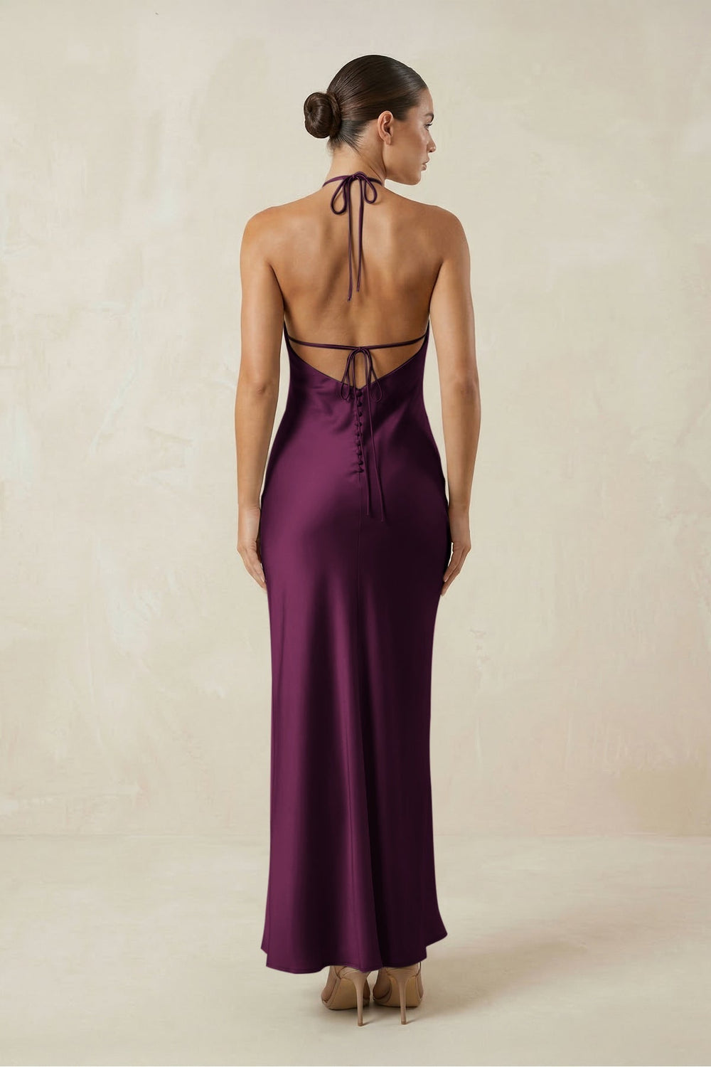 Halter Satin Sheath Midi Bridesmaid Dress in Sangria - KissProm Bridesmaid Dresses