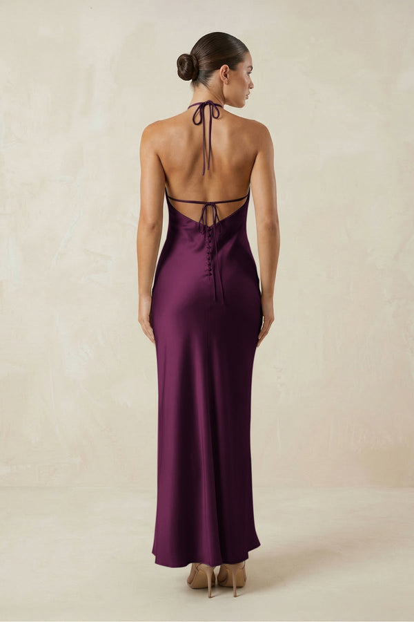 Halter Satin Sheath Midi Bridesmaid Dress in Sangria - KissProm Bridesmaid Dresses