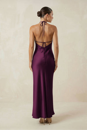 Halter Satin Sheath Midi Bridesmaid Dress in Sangria - KissProm Bridesmaid Dresses