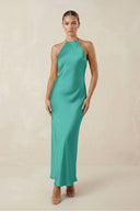 Halter Satin Sheath Midi Bridesmaid Dress in Sea Glass - KissProm Bridesmaid Dresses