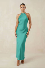 Halter Satin Sheath Midi Bridesmaid Dress in Sea Glass - KissProm Bridesmaid Dresses