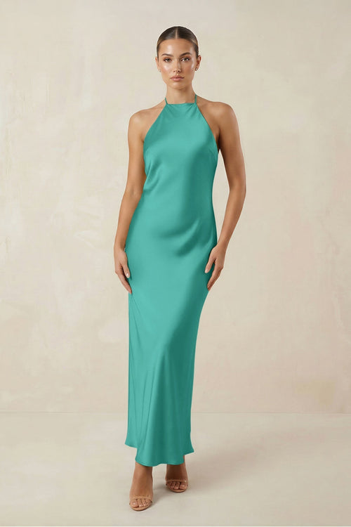 Halter Satin Sheath Midi Bridesmaid Dress in Sea Glass - KissProm Bridesmaid Dresses