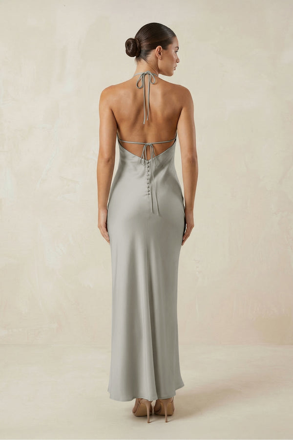 Halter Satin Sheath Midi Bridesmaid Dress in Silver - KissProm Bridesmaid Dresses