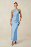Halter Satin Sheath Midi Bridesmaid Dress in Sky Blue - KissProm Bridesmaid Dresses