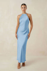 Halter Satin Sheath Midi Bridesmaid Dress in Sky Blue - KissProm Bridesmaid Dresses