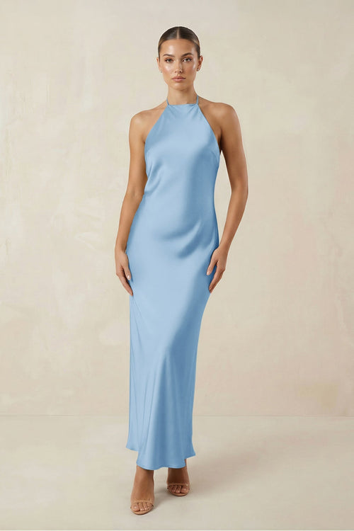 Halter Satin Sheath Midi Bridesmaid Dress in Sky Blue - KissProm Bridesmaid Dresses