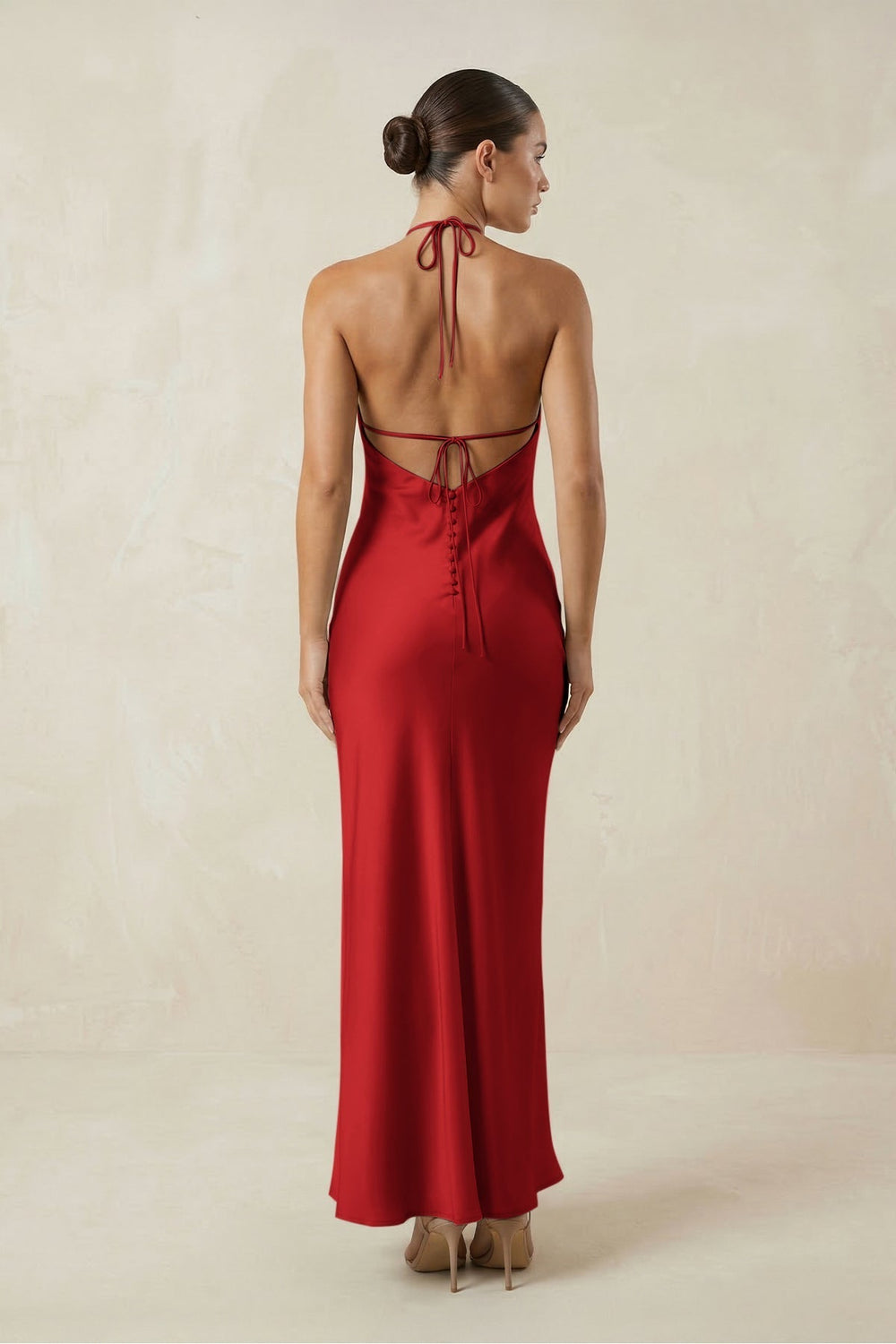 Halter Satin Sheath Midi Bridesmaid Dress in Spice - KissProm Bridesmaid Dresses