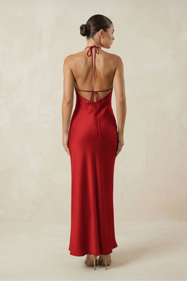 Halter Satin Sheath Midi Bridesmaid Dress in Spice - KissProm Bridesmaid Dresses