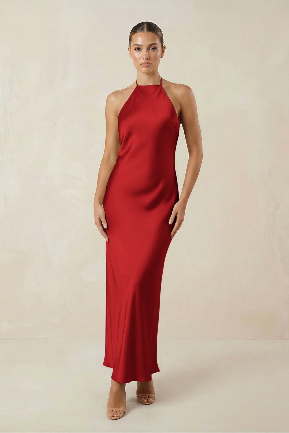 Halter Satin Sheath Midi Bridesmaid Dress in Spice - KissProm Bridesmaid Dresses
