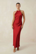 Halter Satin Sheath Midi Bridesmaid Dress in Spice - KissProm Bridesmaid Dresses