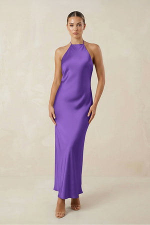 Halter Satin Sheath Midi Bridesmaid Dress in Tahiti - KissProm Bridesmaid Dresses
