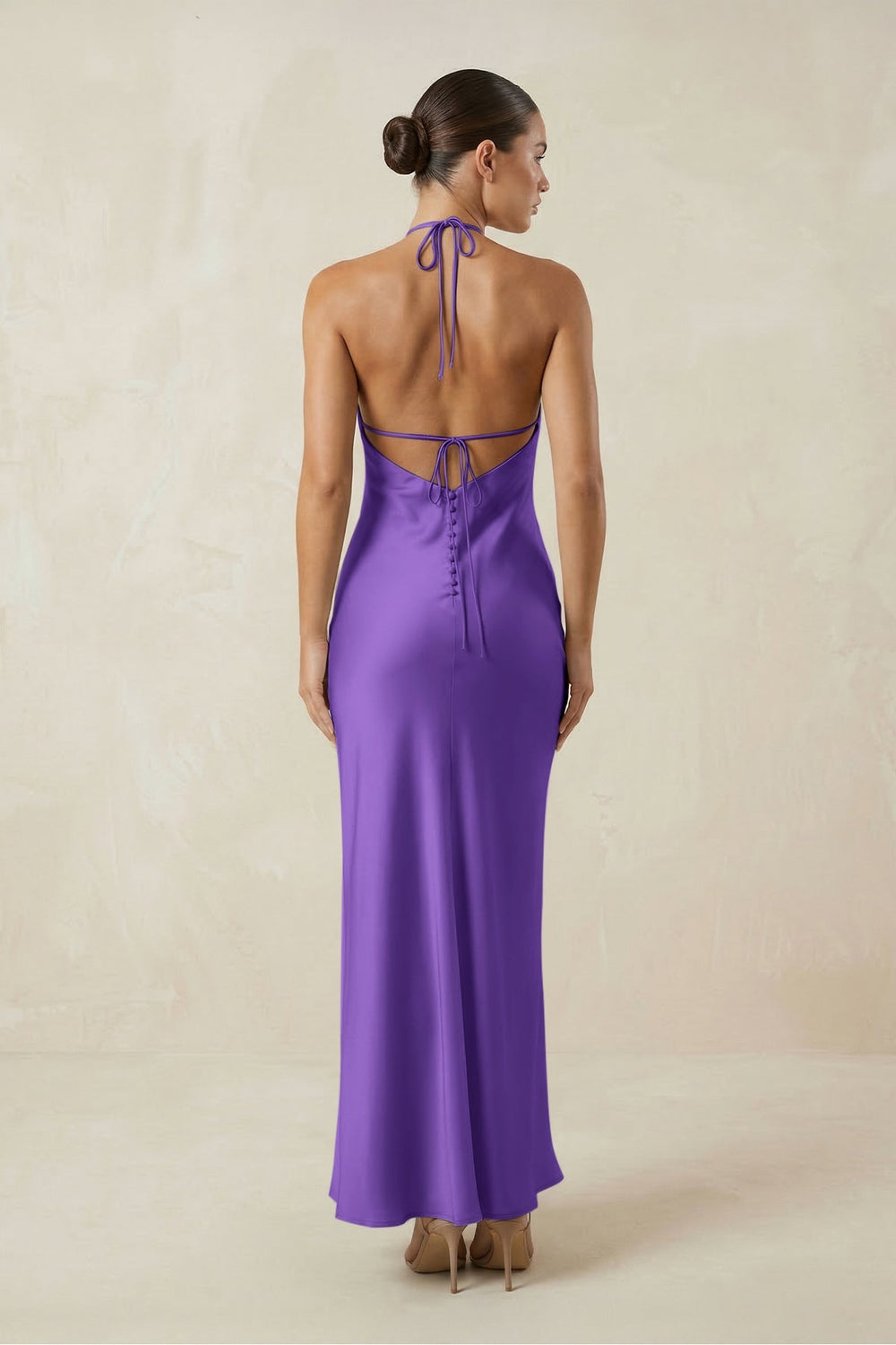 Halter Satin Sheath Midi Bridesmaid Dress in Tahiti - KissProm Bridesmaid Dresses