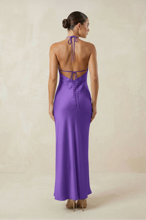 Halter Satin Sheath Midi Bridesmaid Dress in Tahiti - KissProm Bridesmaid Dresses
