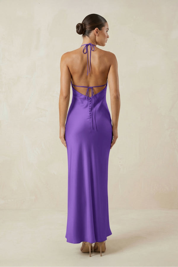 Halter Satin Sheath Midi Bridesmaid Dress in Tahiti - KissProm Bridesmaid Dresses