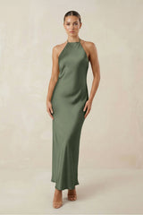 Halter Satin Sheath Midi Bridesmaid Dress in Thyme - KissProm Bridesmaid Dresses