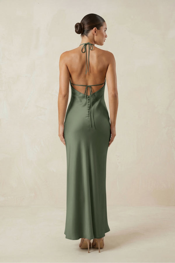 Halter Satin Sheath Midi Bridesmaid Dress in Thyme - KissProm Bridesmaid Dresses