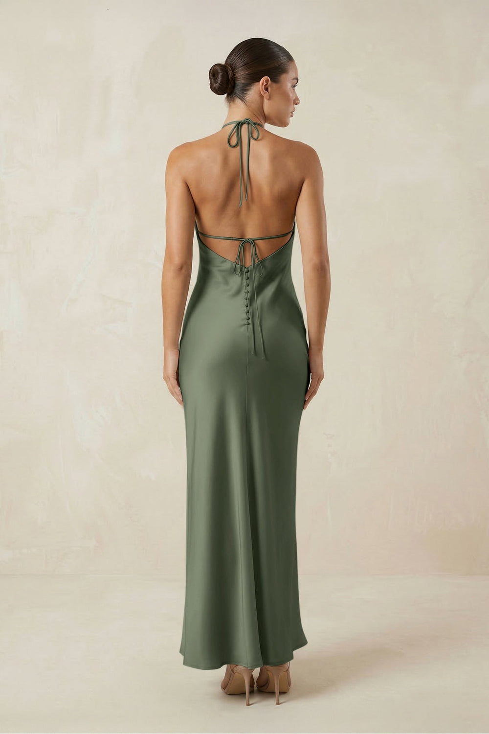 Halter Satin Sheath Midi Bridesmaid Dress in Thyme - KissProm Bridesmaid Dresses