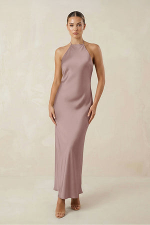 Halter Satin Sheath Midi Bridesmaid Dress in Toffee - KissProm Bridesmaid Dresses
