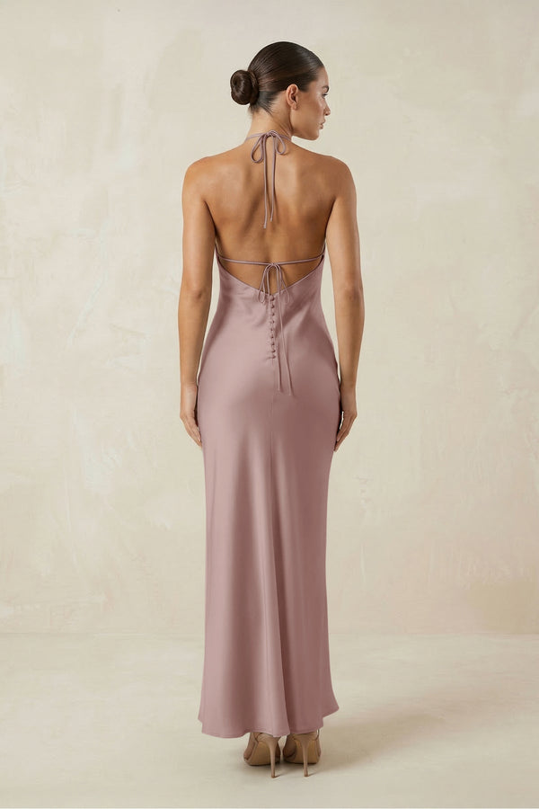 Halter Satin Sheath Midi Bridesmaid Dress in Toffee - KissProm Bridesmaid Dresses