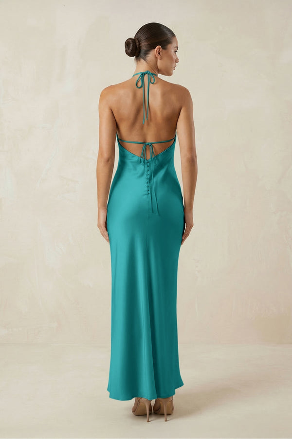 Halter Satin Sheath Midi Bridesmaid Dress in Turquoise - KissProm Bridesmaid Dresses