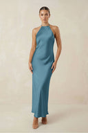 Halter Satin Sheath Midi Bridesmaid Dress in Twilight - KissProm Bridesmaid Dresses