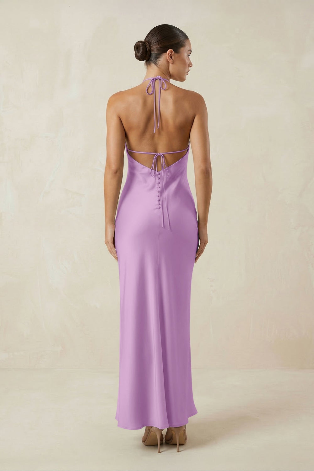 Halter Satin Sheath Midi Bridesmaid Dress in Vintage Mauve - KissProm Bridesmaid Dresses