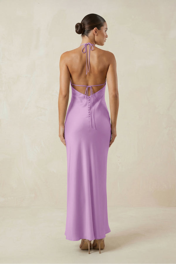 Halter Satin Sheath Midi Bridesmaid Dress in Vintage Mauve - KissProm Bridesmaid Dresses