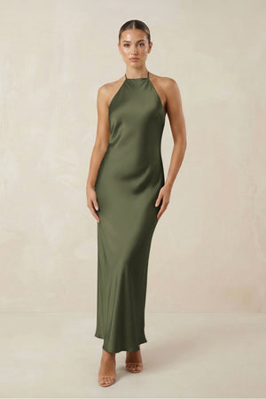 Halter Satin Sheath Midi Bridesmaid Dress in Willow Green - KissProm Bridesmaid Dresses