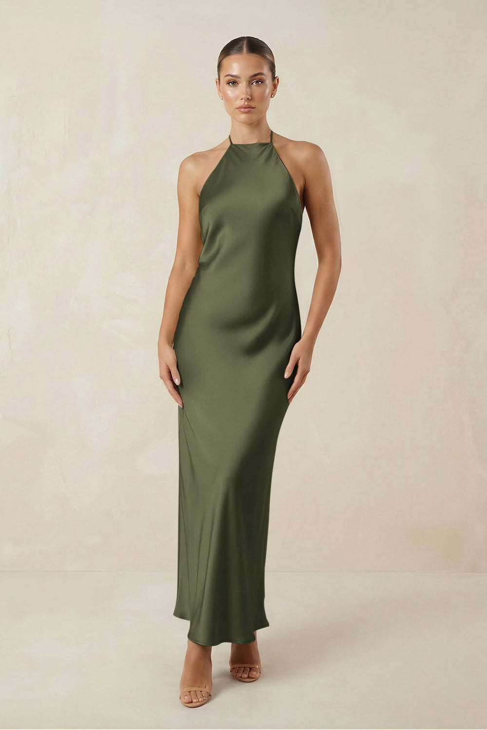 Halter Satin Sheath Midi Bridesmaid Dress in Willow Green - KissProm Bridesmaid Dresses