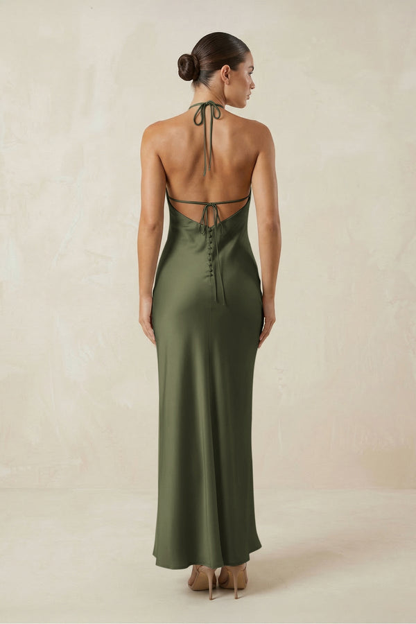 Halter Satin Sheath Midi Bridesmaid Dress in Willow Green - KissProm Bridesmaid Dresses